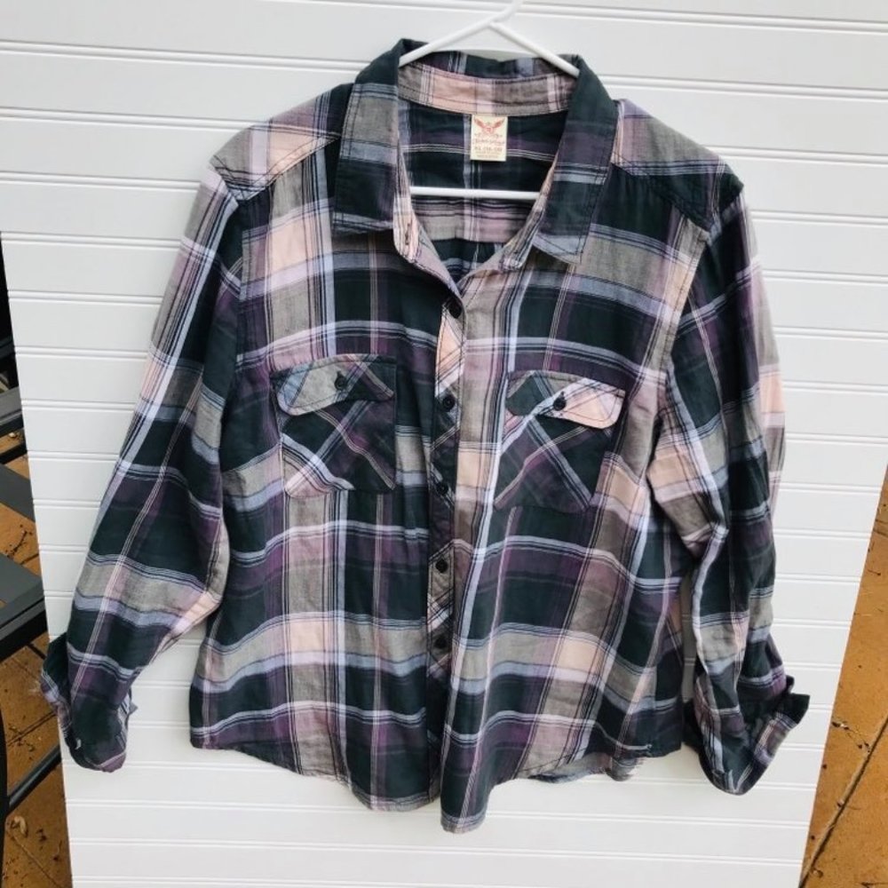 Faded Glory Gray/Pink Button Up Plaid Shirt